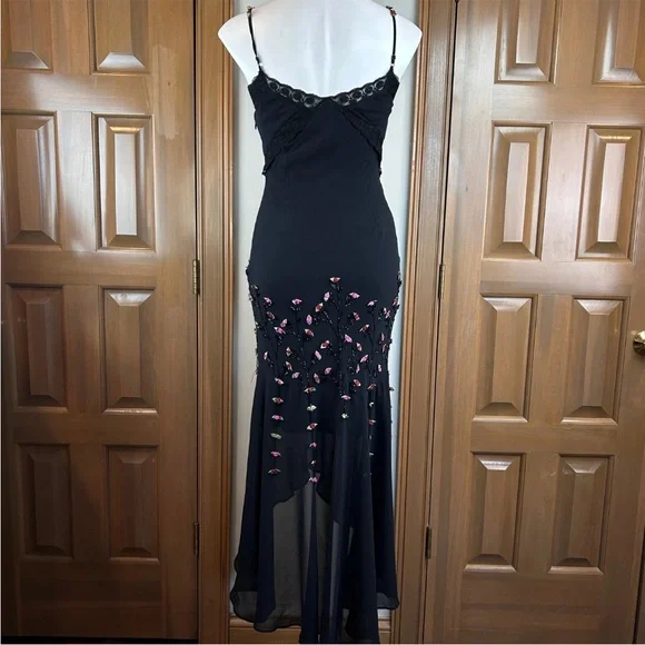 Vintage 90s Y2K 100% Silk Beaded Dress Rose Vintage Beaded Dress Silk Slip Dress - Picture 3 of 7